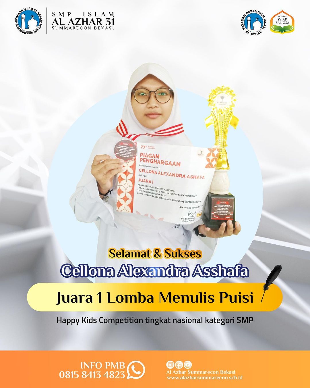 SMPIA 31 Meraih Juara 1 dalam Lomba Menulis Puisi yang diadakan oleh Happy Kids Competition 