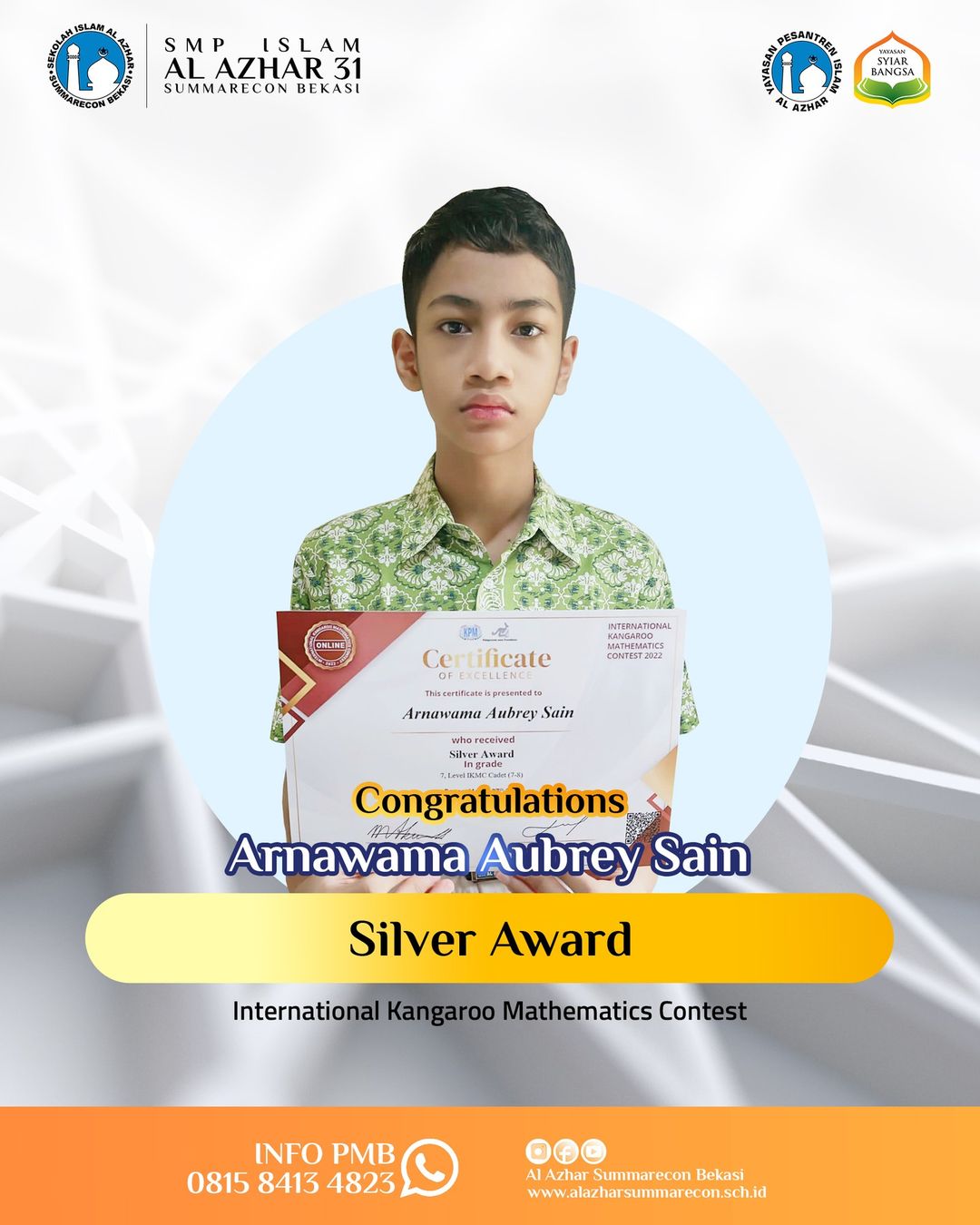 SMPIA 31 Meraih Silver Award dalam ajang International Kangaroo Mathematics Contest.