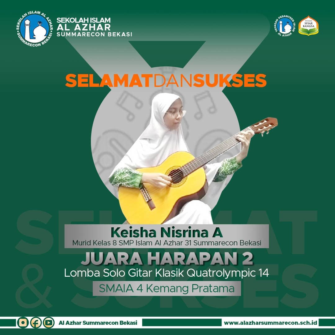 SMPIA 31 Meraih Juara Harapan 2 Lomba Solo Gitar Klasik pada event Quatrolympic 14 yang diadakan oleh SMA Islam Azhar 4 Kemang Pratama