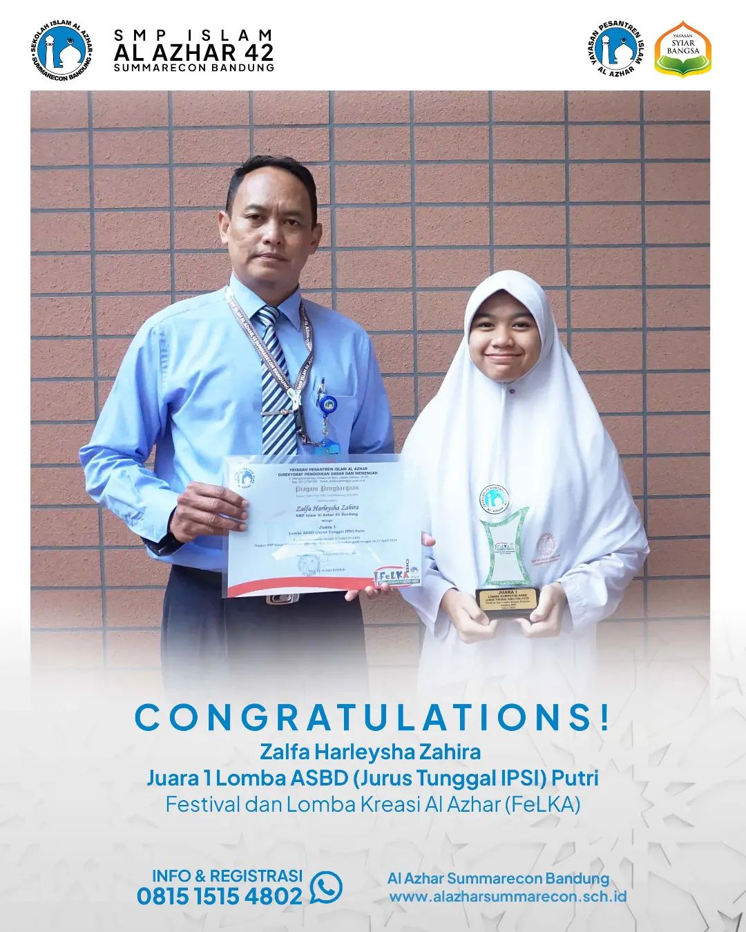 Juara I Lomba ASBD (Jurus Tunggal IPSI) Putri dalam Festival dan Lomba Kreasi Al Azhar (FeLKA) tingkat SMP Islam Al Azhar se-Indonesia