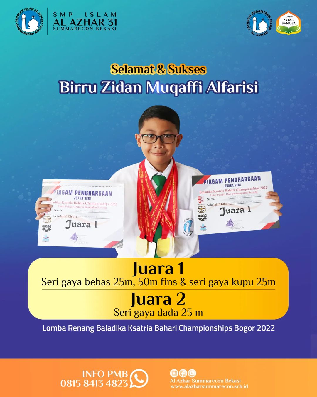 SMPIA31 Meraih Lomba Renang antar Pelajar Baladika Ksatria Bahari Championships di Bogor tgl 1 Oct 2022