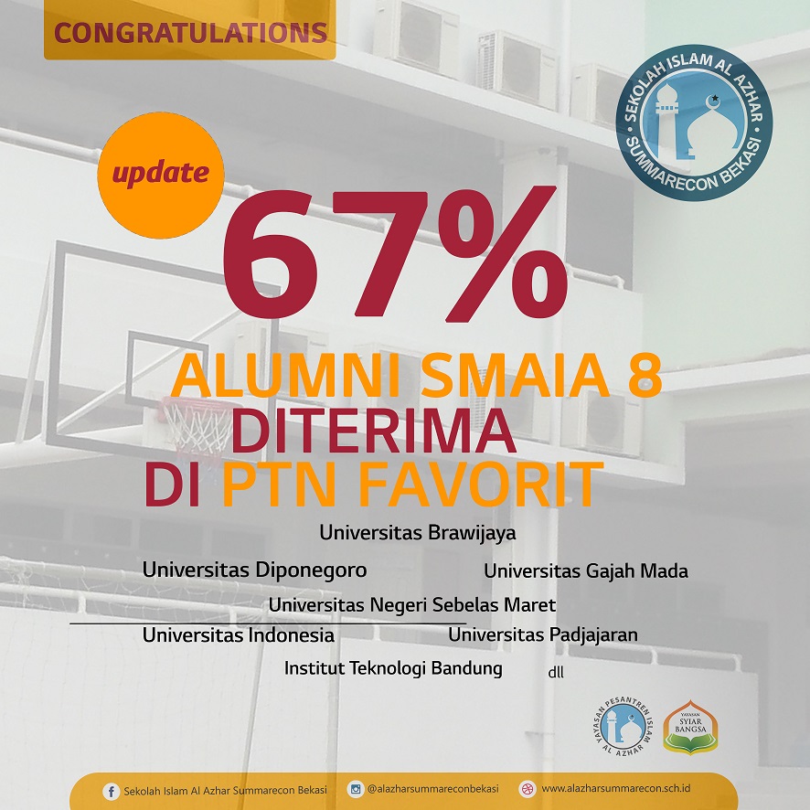 67% Alumni angkatan ke 5 SMAIA 8 berhasil masuk ke Perguruan Tinggi Negeri